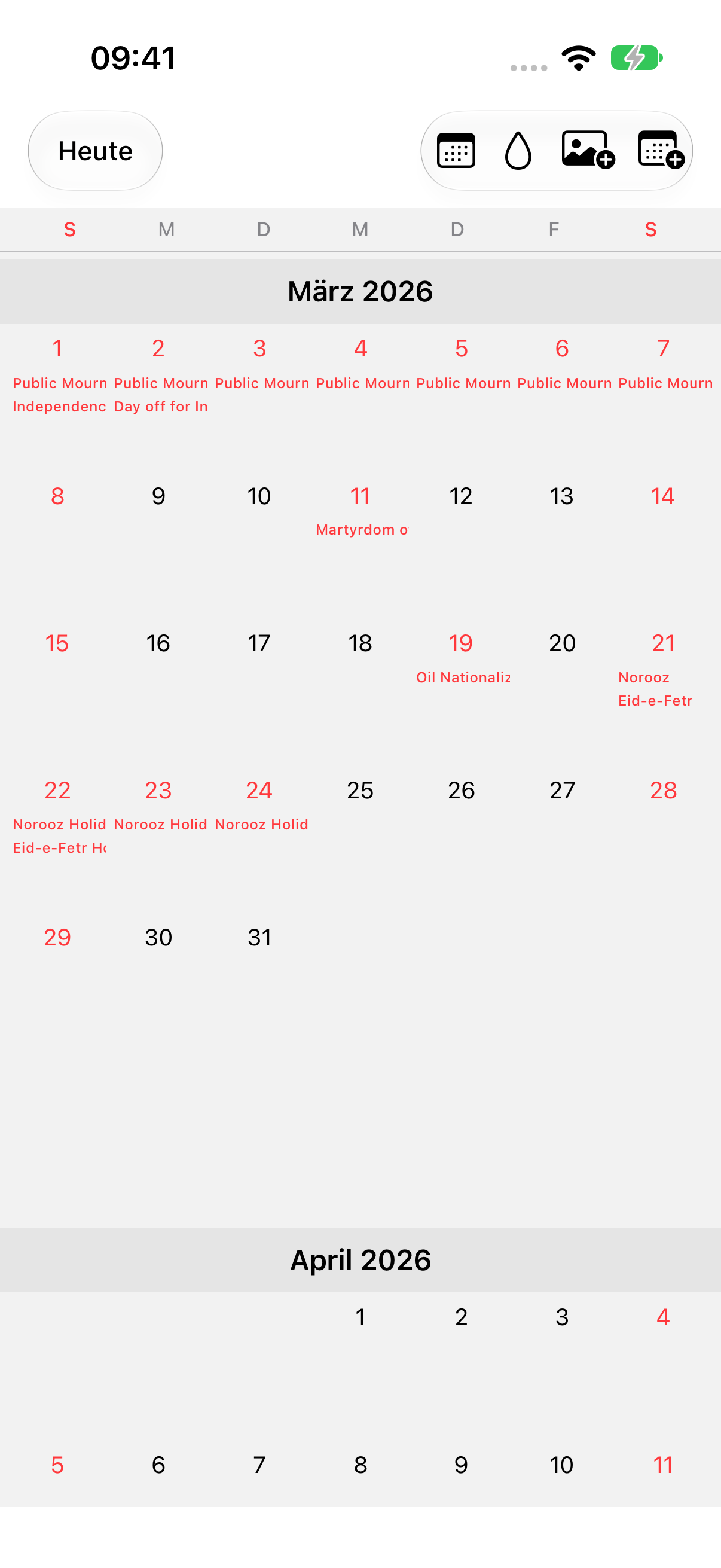 März 2026 in OurDay: Koreas Tag der Unabhängigkeitsbewegung und Nouruz in Iran in einem Kalender.