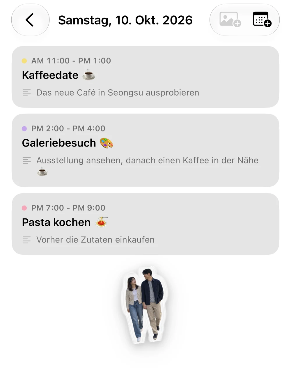 Tagesdetails vom 10. Oktober: Termine und Notizen zur Café-Tour, zum Ausstellungsdate und zum Pastakochen; darunter ein Fotosticker des Paares