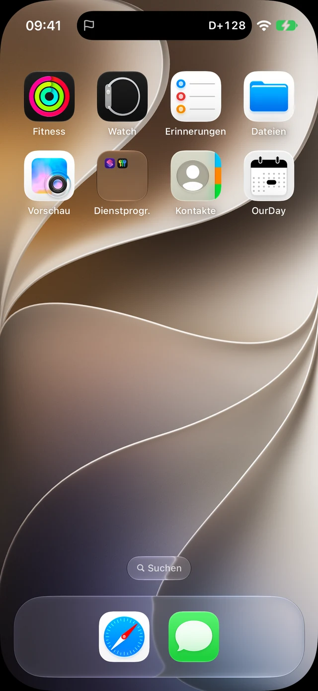 iPhone-Home-Bildschirm mit kleinem D+128 oben in der Dynamic Island
