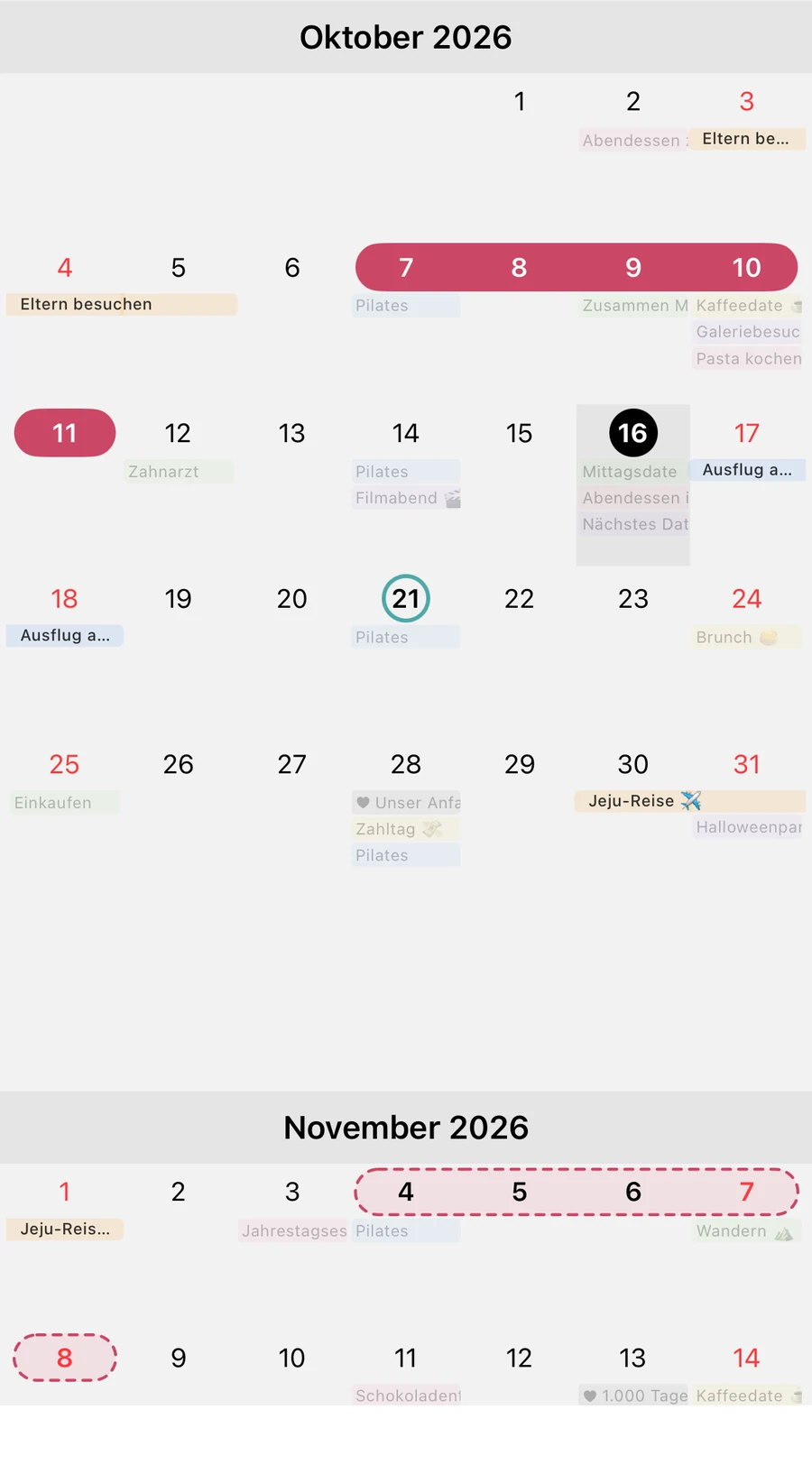 Dieselbe Monatsansicht mit eingeschaltetem Zyklusmodus: Einträge vom 7. bis 11. Oktober, geschätzter Eisprung am 21. Oktober und gestrichelte Prognose vom 4. bis 8. November