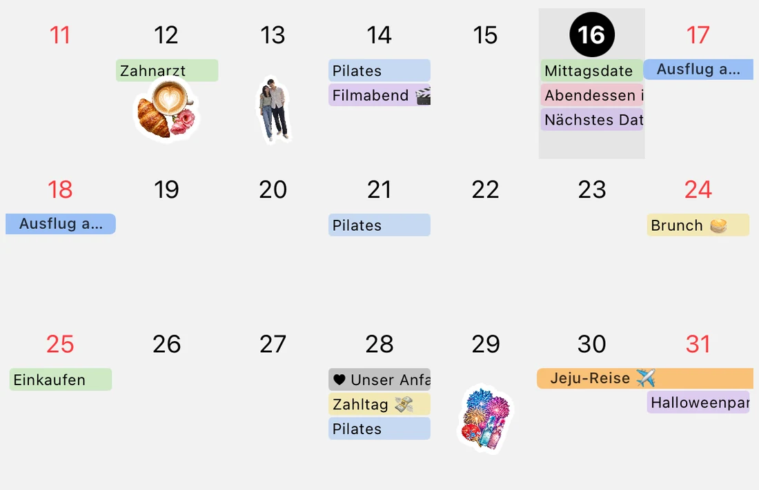 Vergrößerter Ausschnitt vom 11. bis 31. Oktober: Zahnarzt, Pilates, Kino, Reisebalken für Gangneung und Jeju sowie Fotosticker