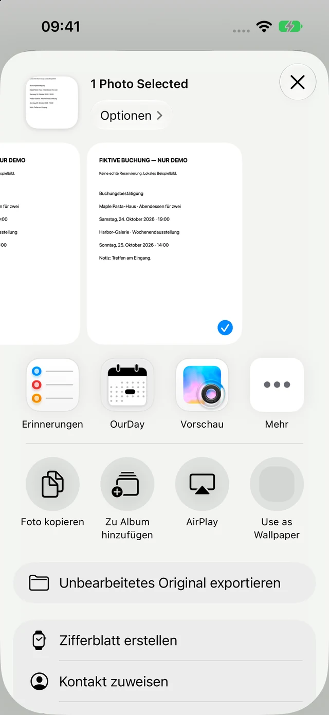 iOS-Teilen-Menü mit OurDay in der App-Liste