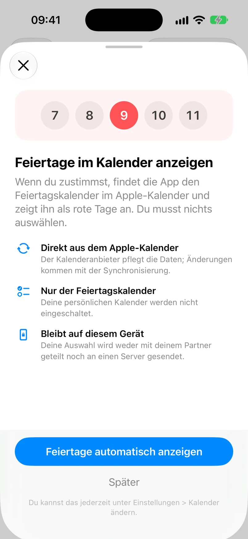 Hinweisblatt zum Anzeigen von Feiertagen im Kalender