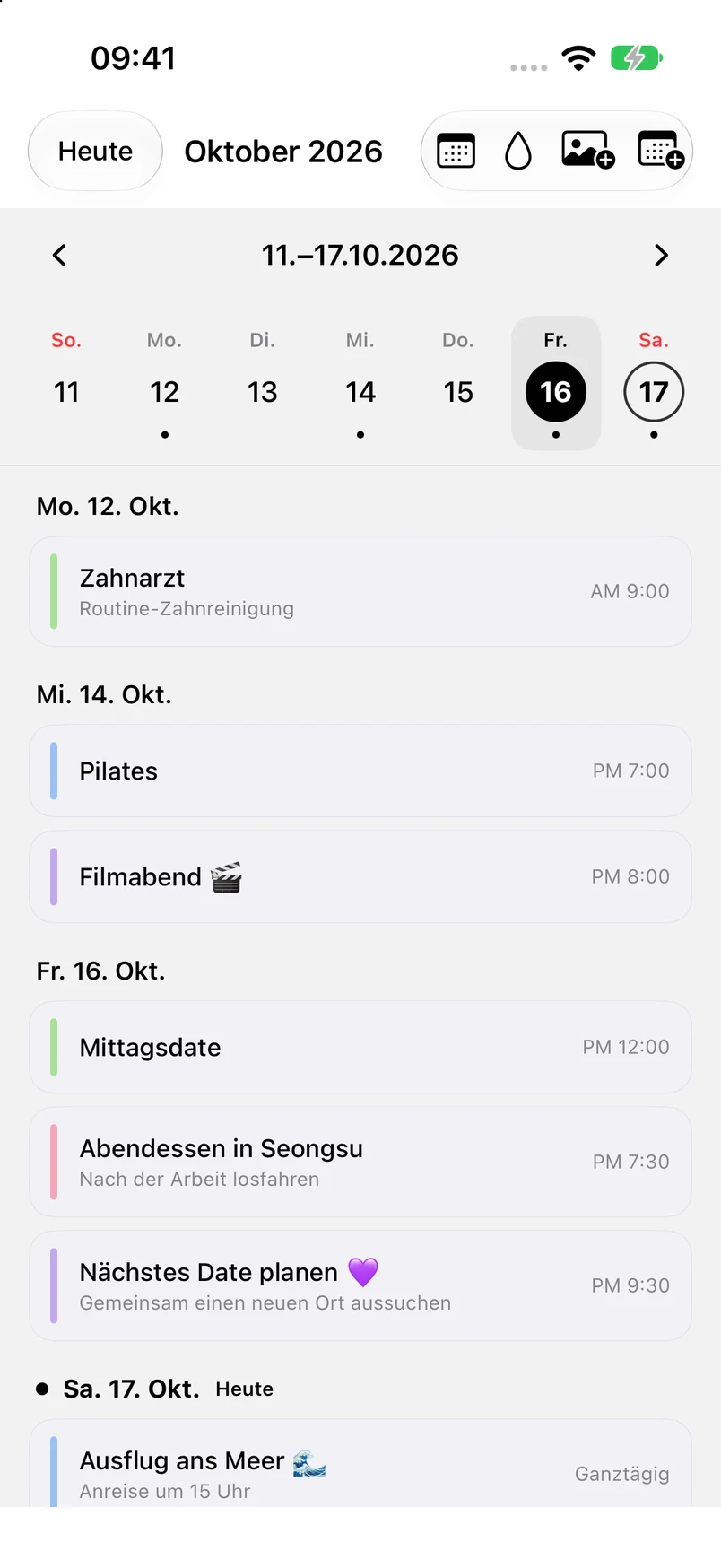 Wochenansicht vom 11. bis 17. Oktober mit ausgewähltem Freitag, dem 16.