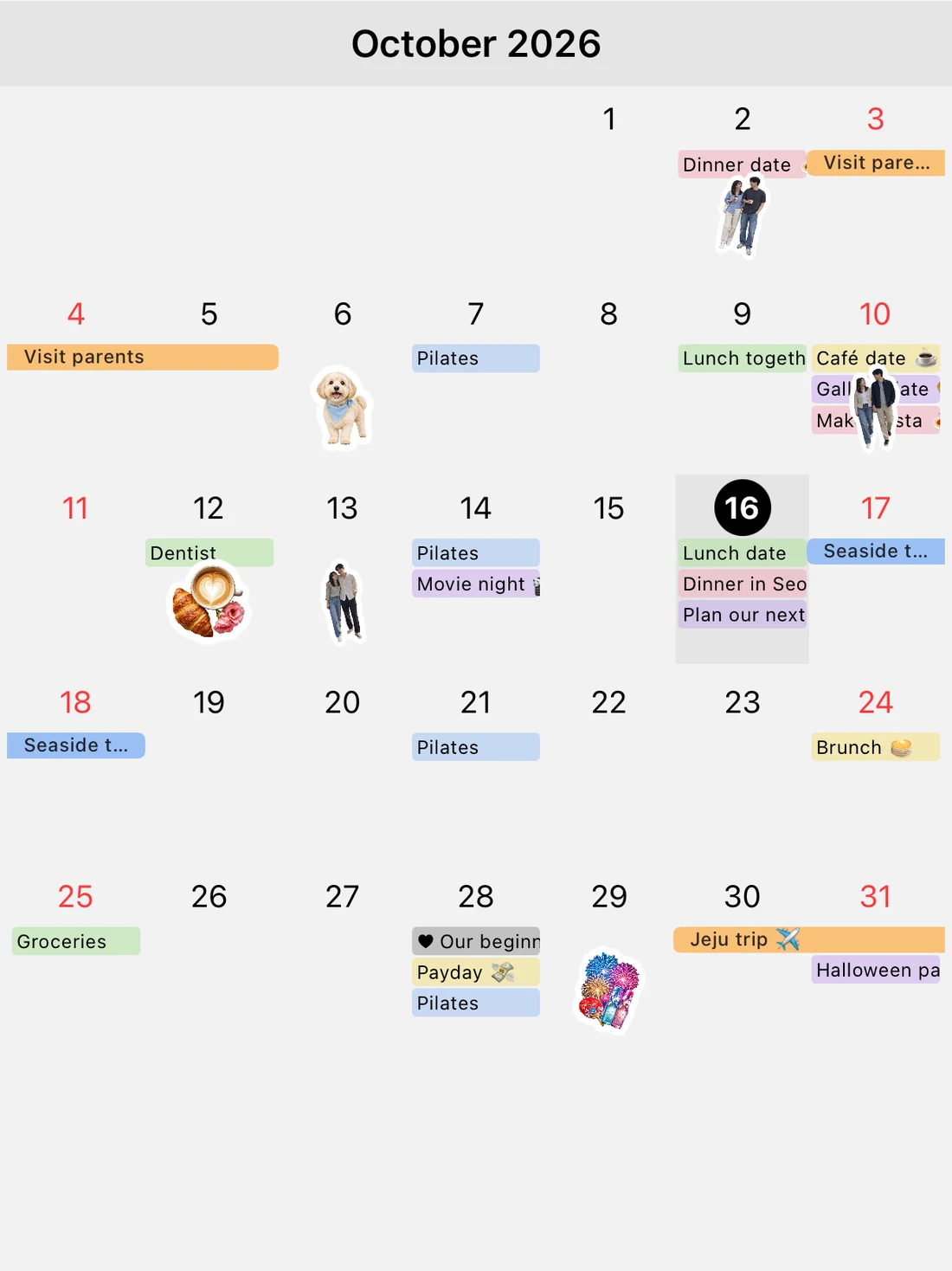 October 2026 month view: color-coded event bars and photo stickers of the couple on past dates