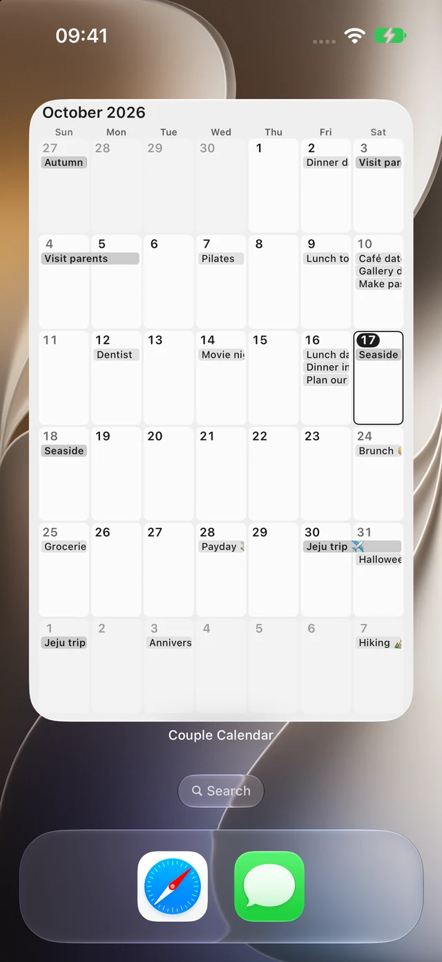 Mono monthly widget added to an iPhone Home Screen: October 2026, with 6 weeks of events from September 27 to November 7