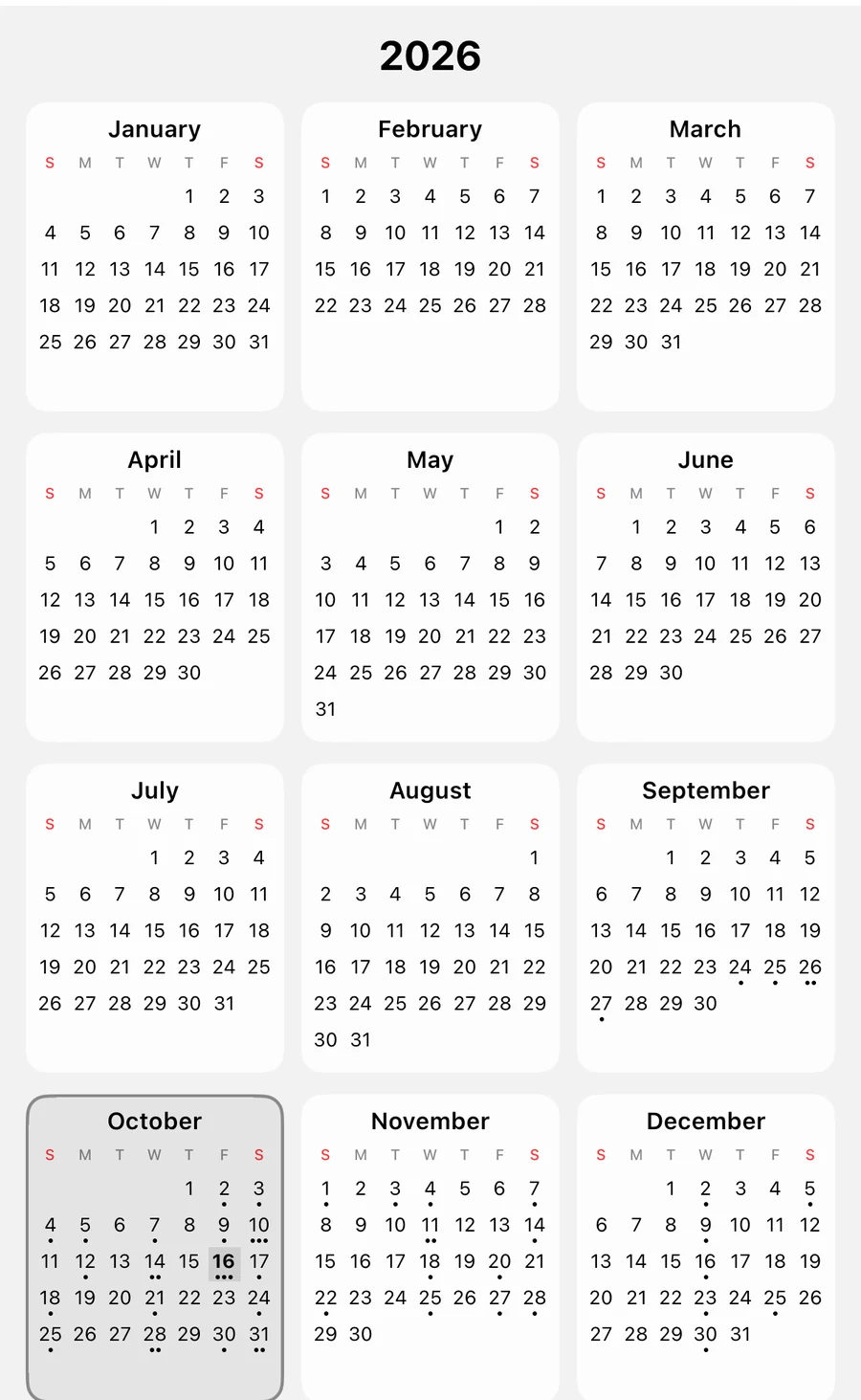 2026 year view with October highlighted