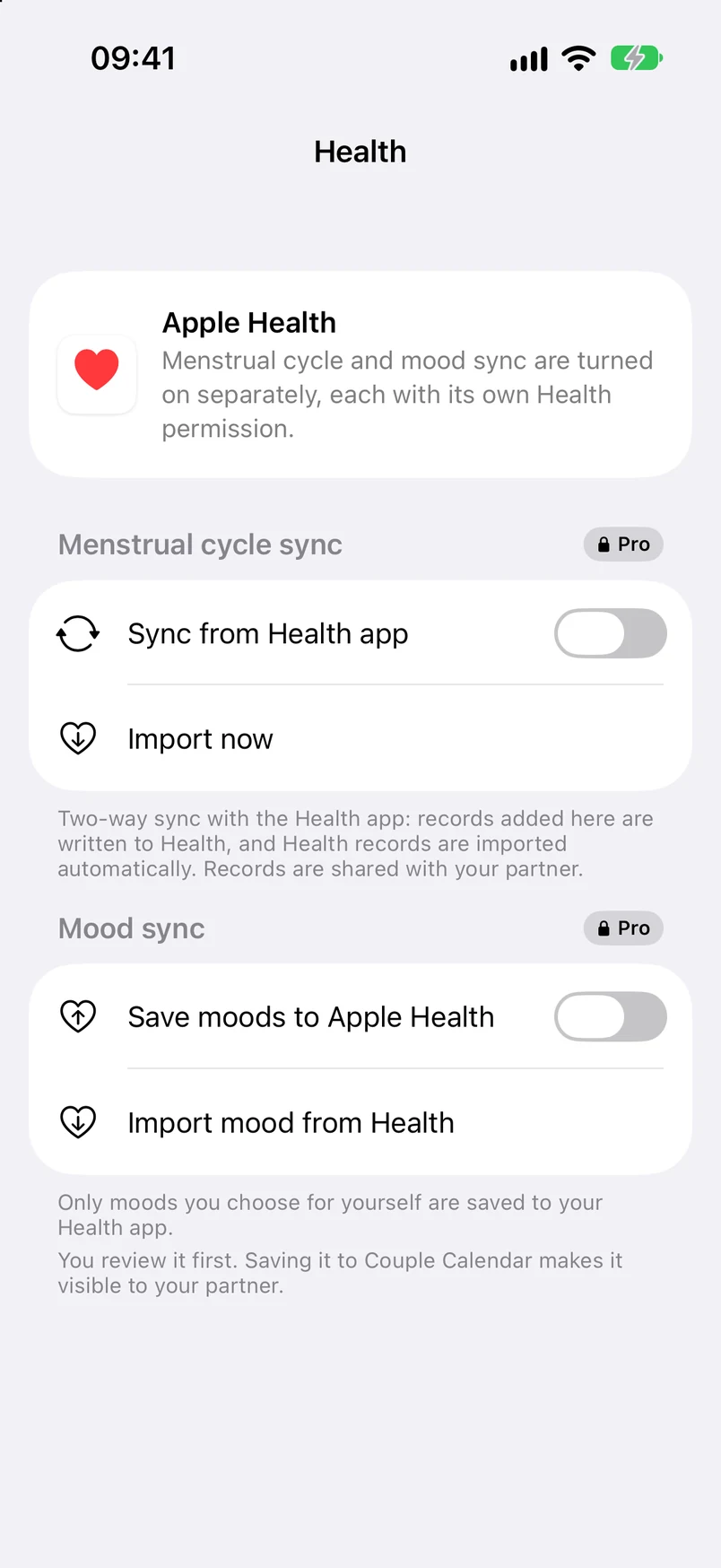 Health settings: period sync and mood sync (Pro)