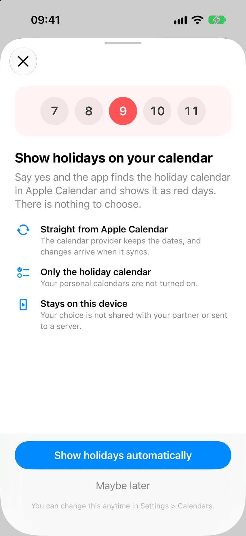 An introductory sheet inviting you to show public holidays on the calendar