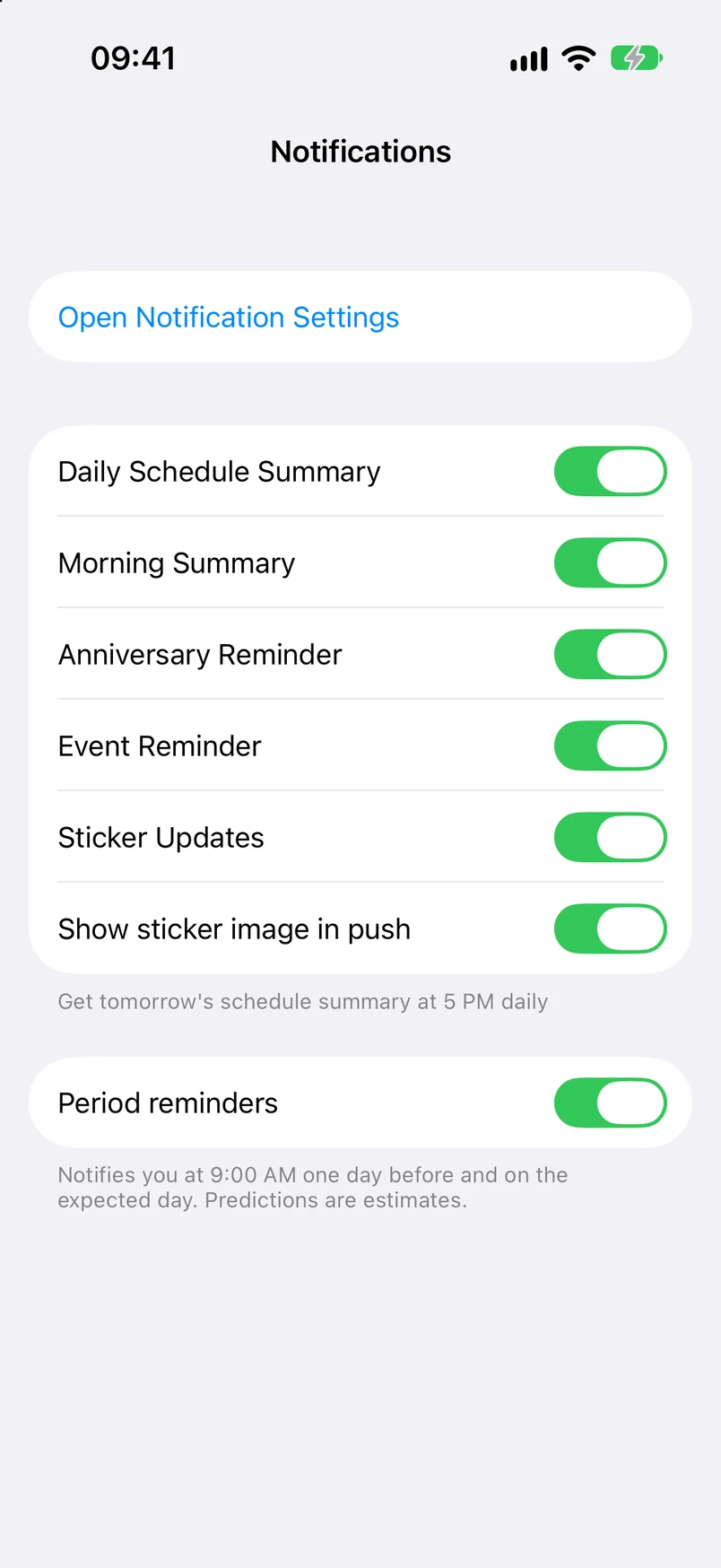 Notification settings: daily schedule summary, morning summary, anniversary reminders, event start alerts, sticker alerts, and period alerts