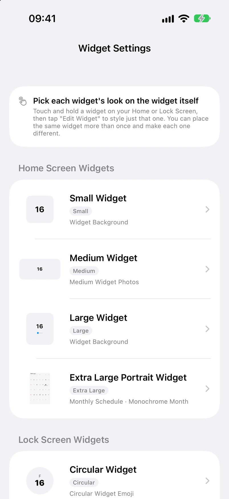 Widget settings: Home Screen and Lock Screen widget types