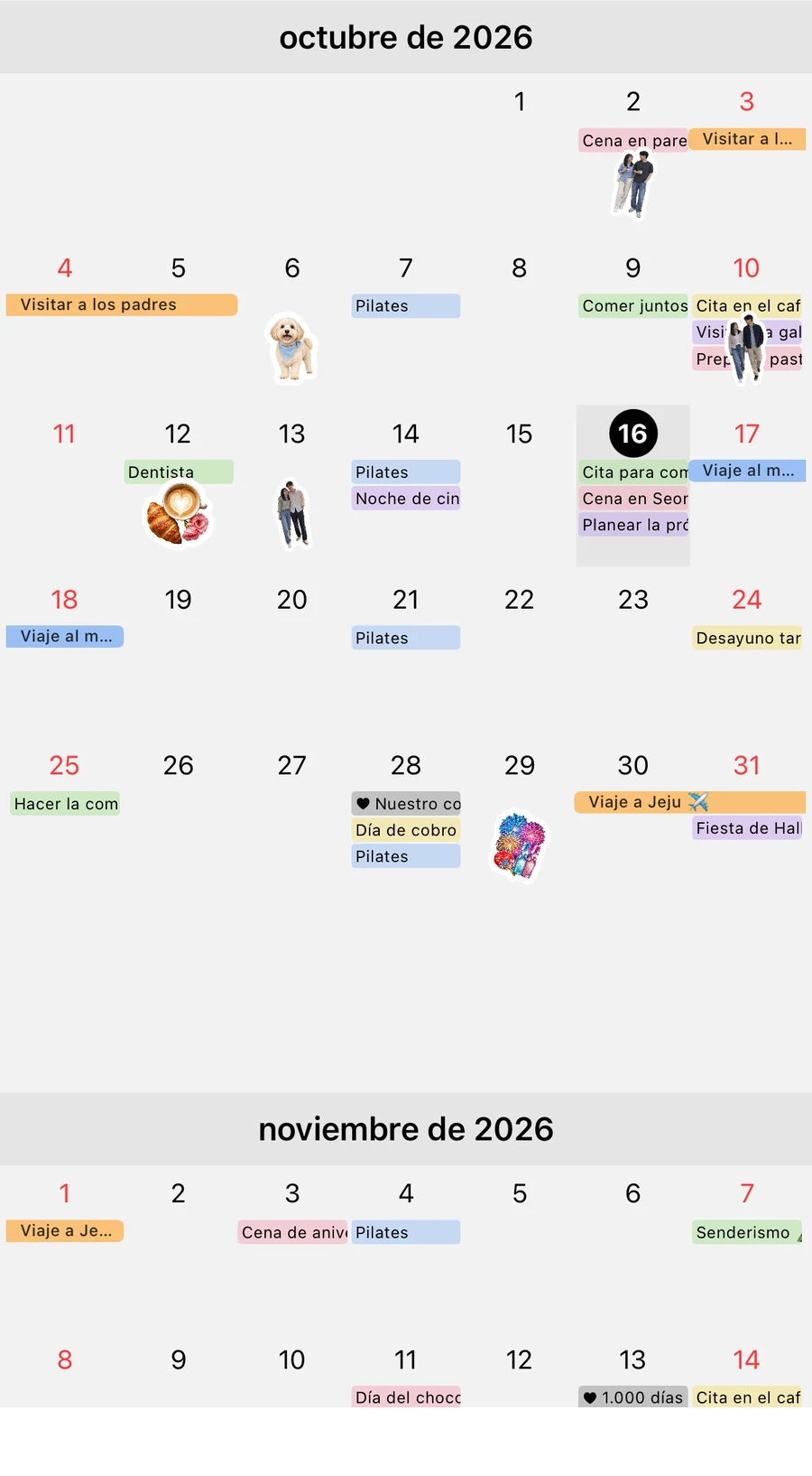 Vista mensual de octubre y noviembre de 2026 con el modo de ciclo menstrual desactivado