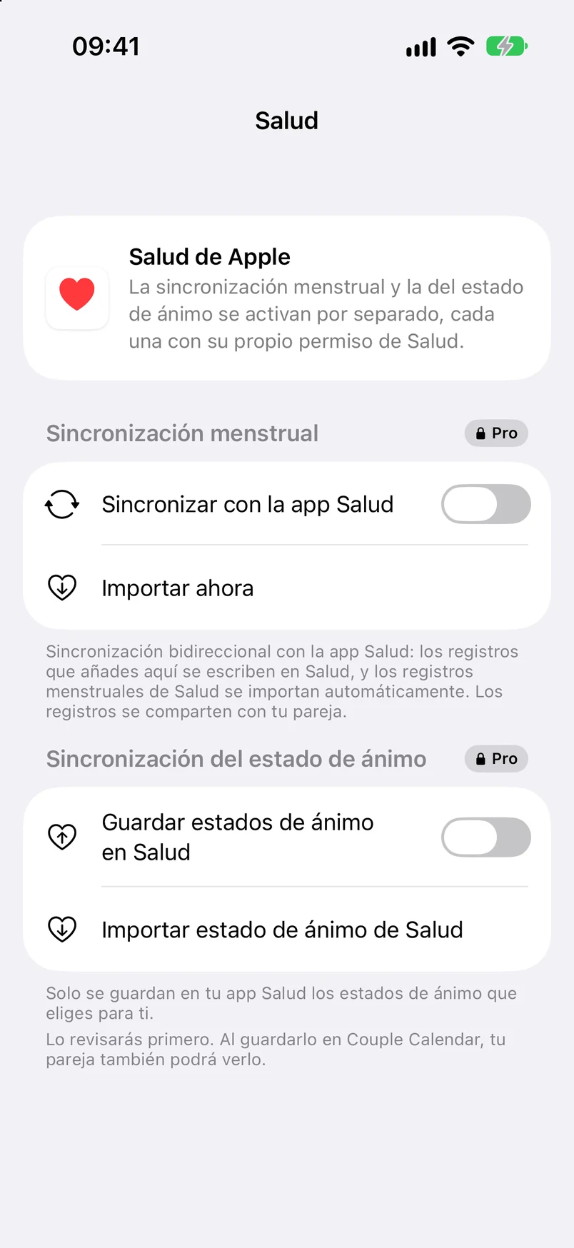 Ajustes de Salud: sincronización de menstruación y estado de ánimo (Pro)