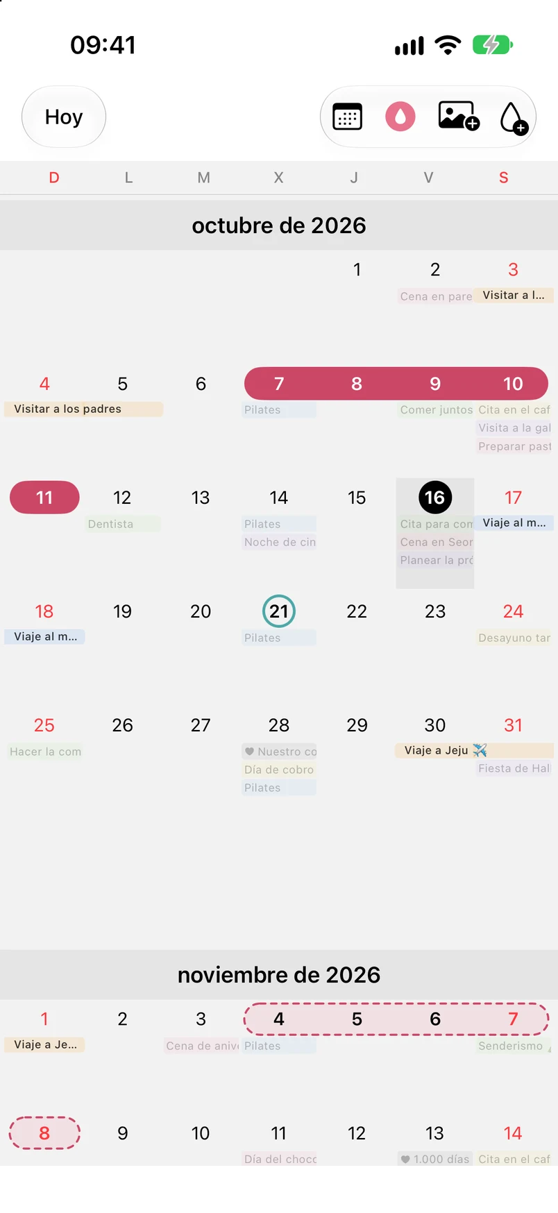 Vista mensual con el modo de ciclo menstrual activado y fechas previstas de noviembre con línea discontinua