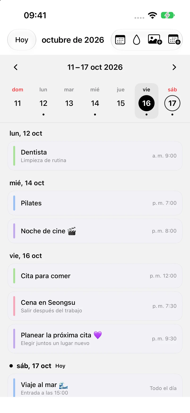Vista semanal del 11 al 17 de octubre con el viernes 16 seleccionado