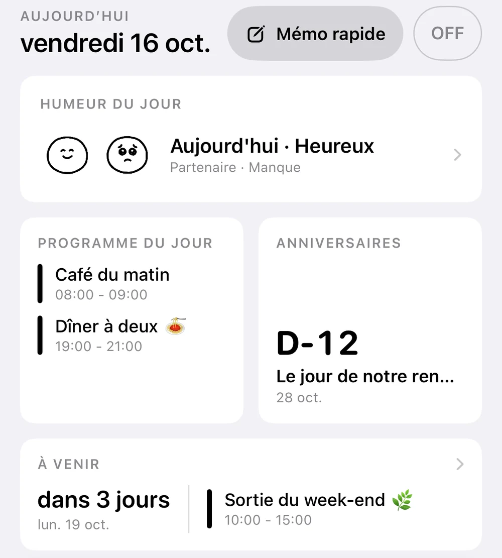 Accueil : vendredi 16 octobre, café du matin et rendez-vous en amoureux le soir, anniversaire D-12 du jour de votre rencontre et sortie du week-end dans 3 jours