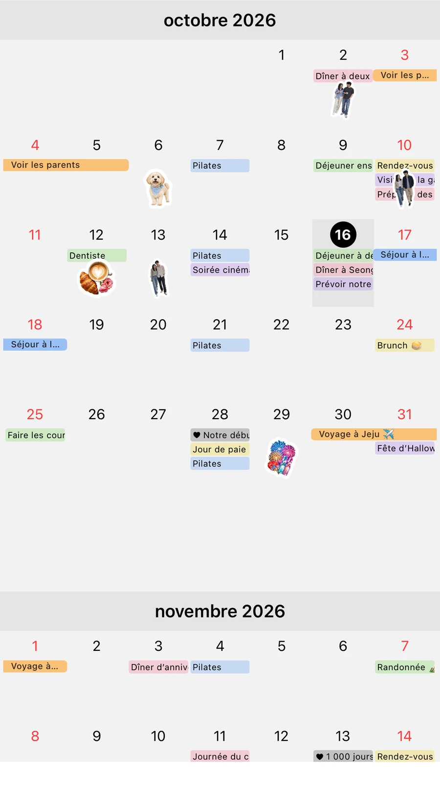 Vue mensuelle d’octobre et novembre 2026 avec le mode cycle menstruel désactivé