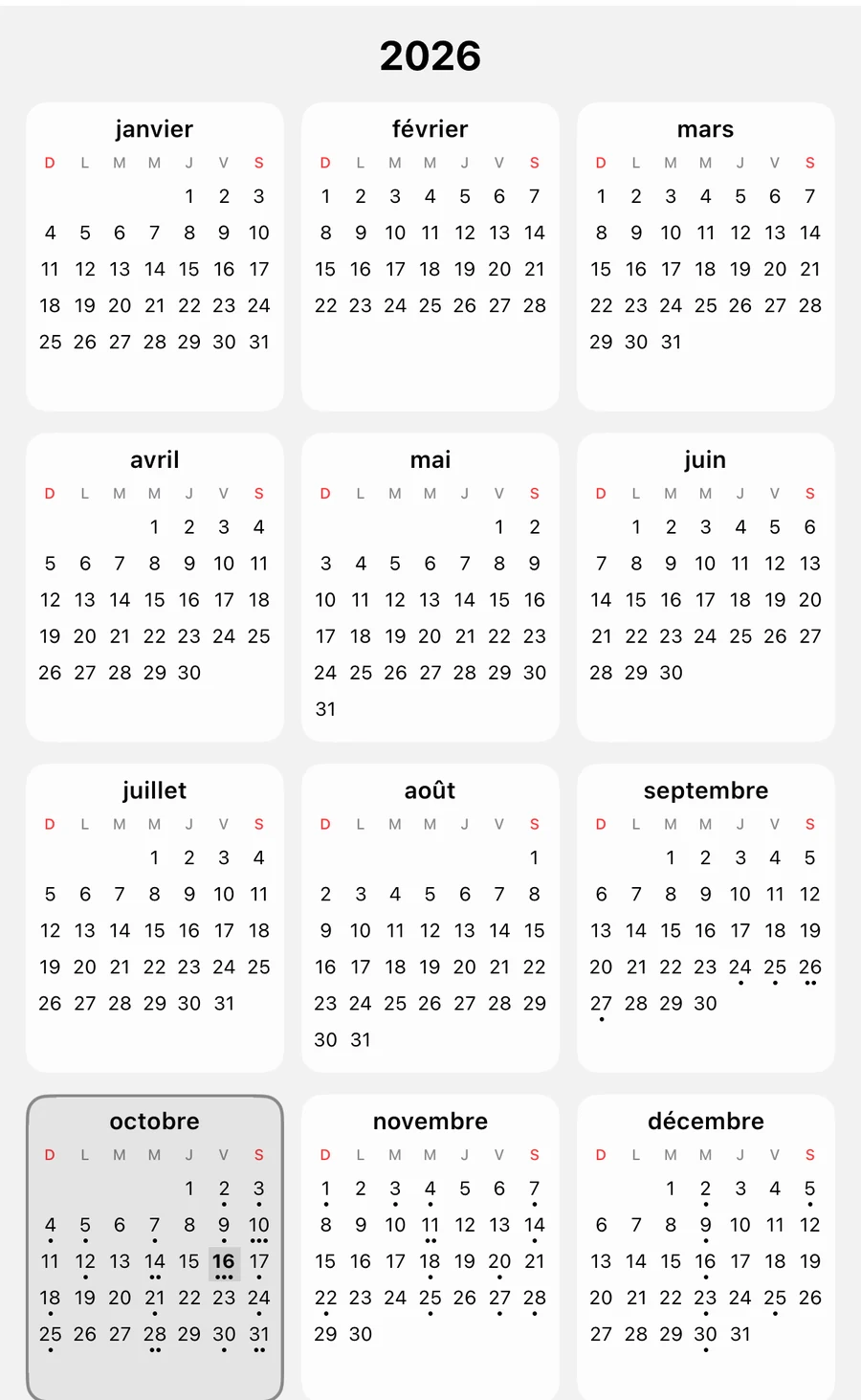 Vue annuelle de 2026 avec octobre en surbrillance