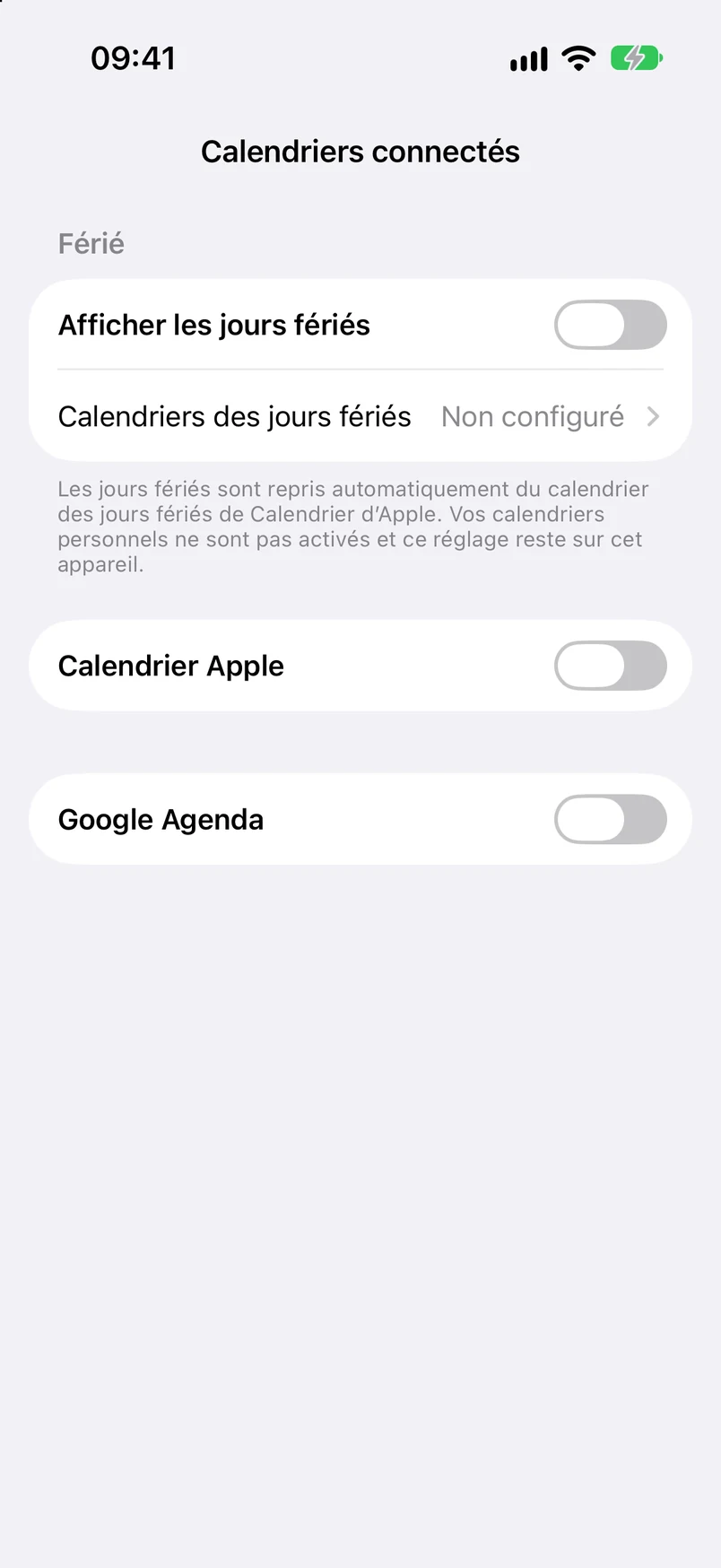 Connexion des calendriers : affichage des jours fériés, Calendrier Apple et Google Agenda