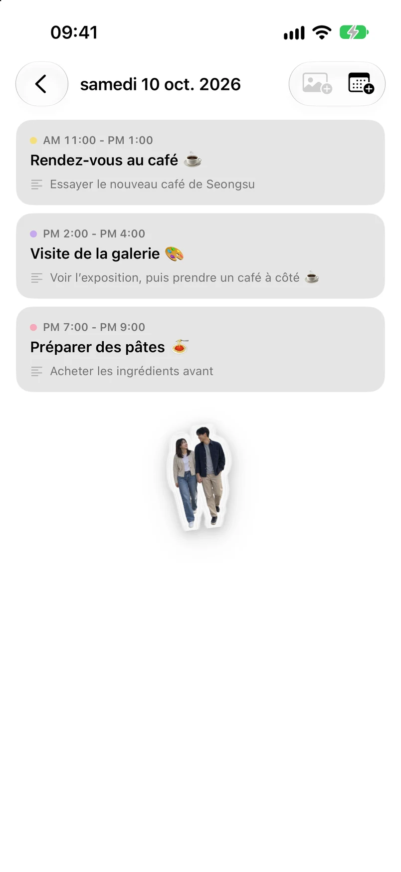 Détail du 10 octobre : tournée de cafés, rendez-vous à une exposition, préparation de pâtes et autocollant photo du couple
