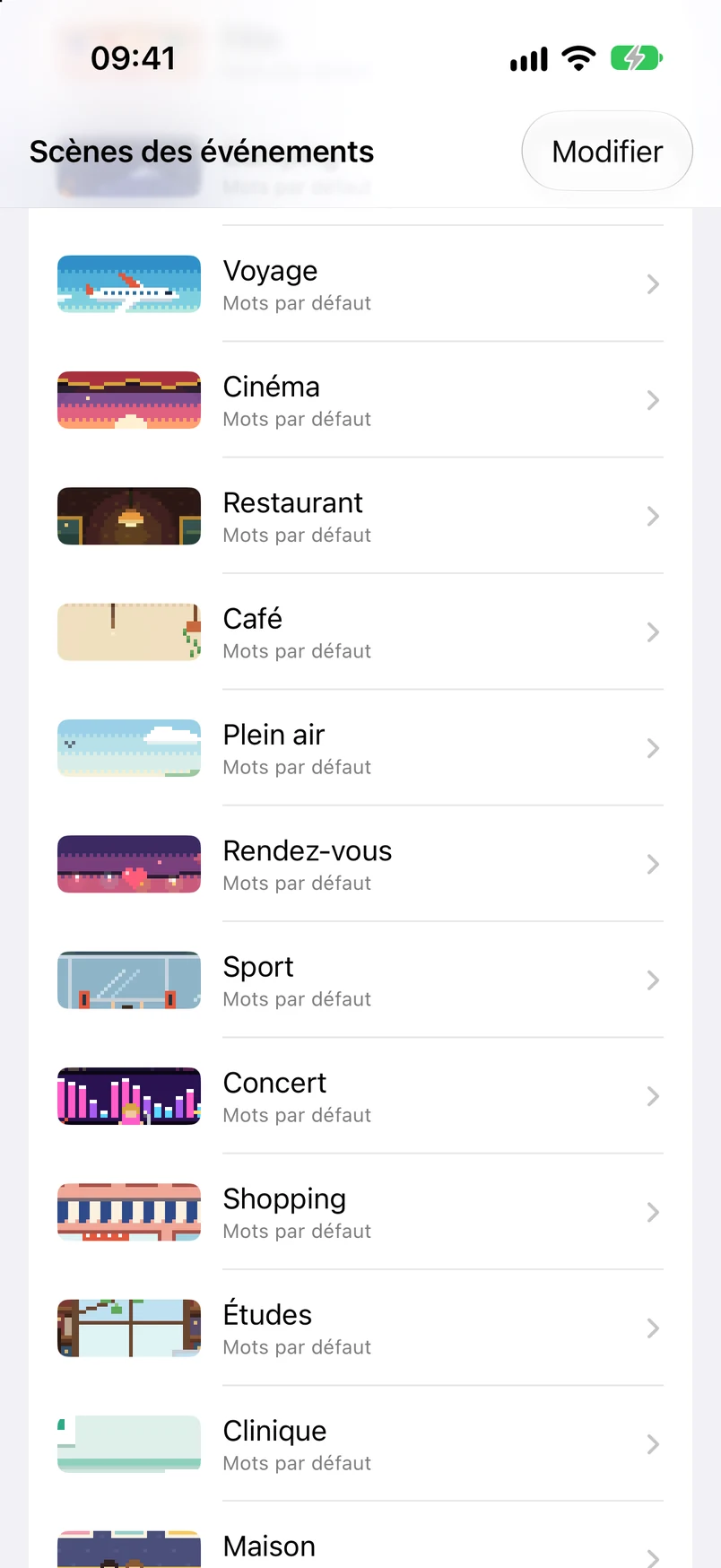 Liste des scènes d’événements : fête, camping, voyage, cinéma, restaurant, café et promenade