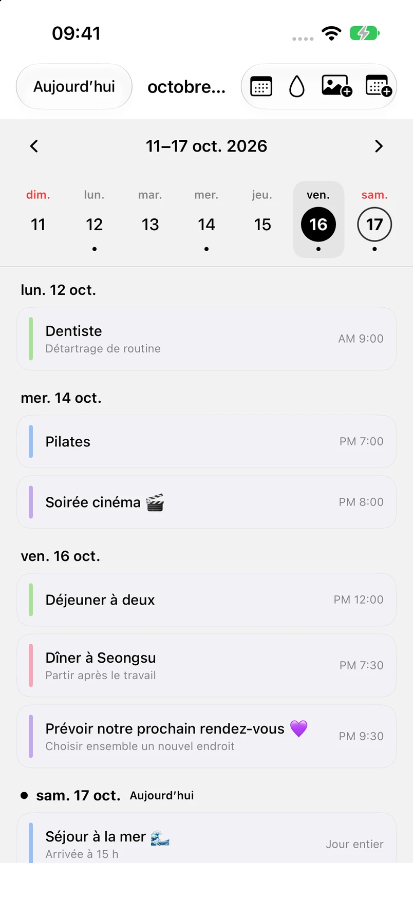 Vue de la semaine du 11 au 17 octobre, avec le vendredi 16 sélectionné