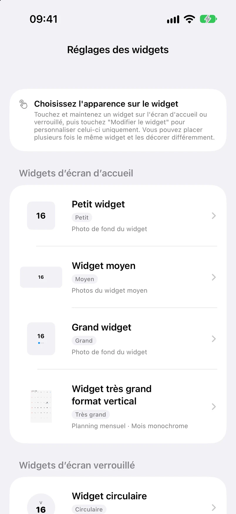 Réglages des widgets : types pour l’écran d’accueil et l’écran verrouillé