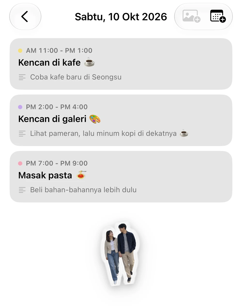 Detail 10 Oktober: agenda jelajah kafe, kencan di pameran, membuat pasta, dan catatan; di bawahnya ada stiker foto pasangan