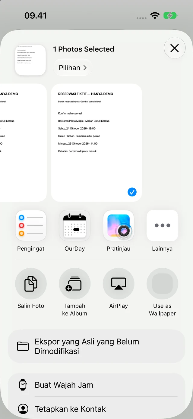 Lembar berbagi iOS dengan OurDay dalam daftar aplikasi