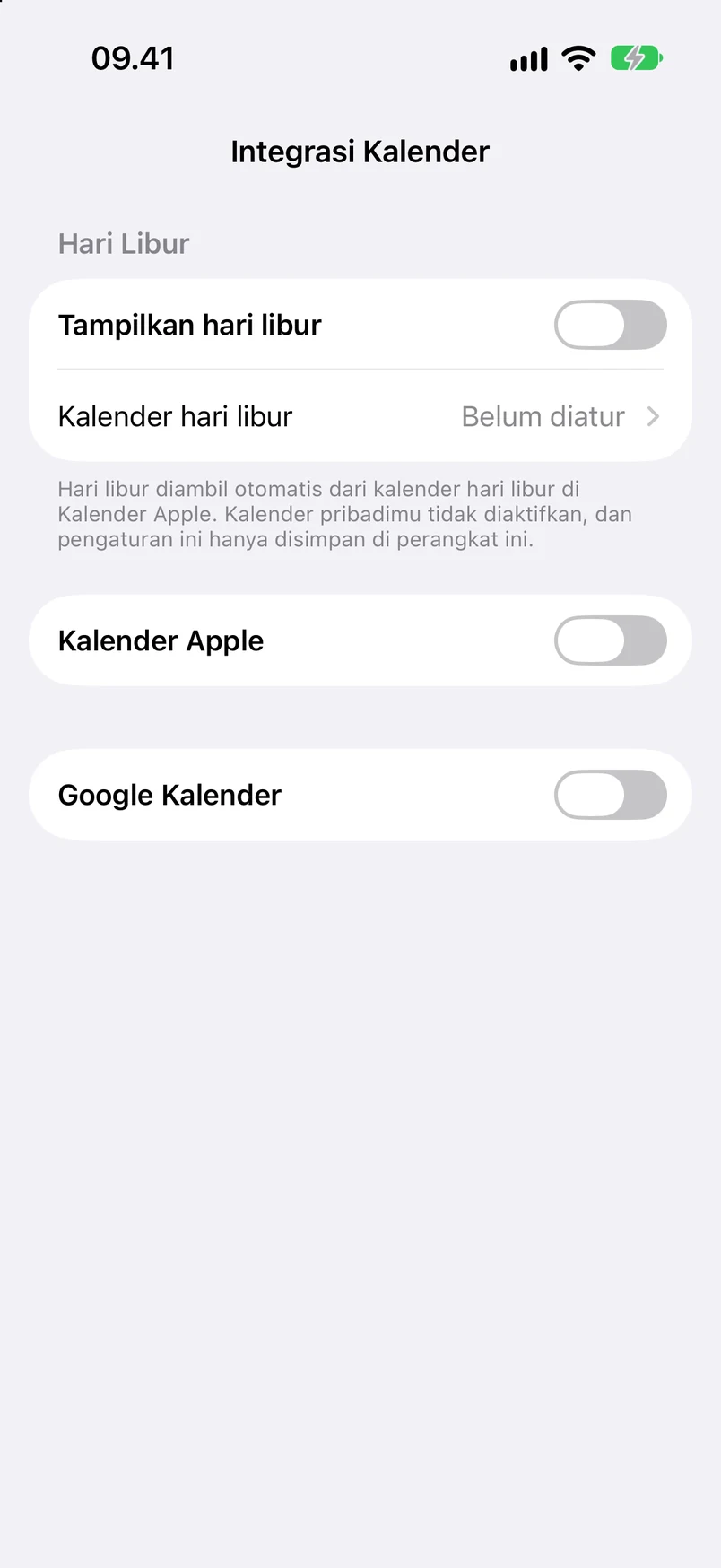 Integrasi kalender: tampilkan hari libur, Kalender Apple, dan Kalender Google