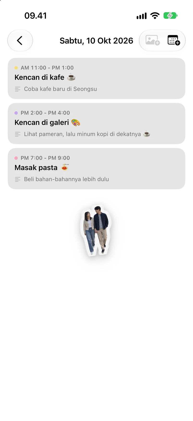 Detail 10 Oktober: jelajah kafe, kencan di pameran, membuat pasta, dan stiker foto pasangan