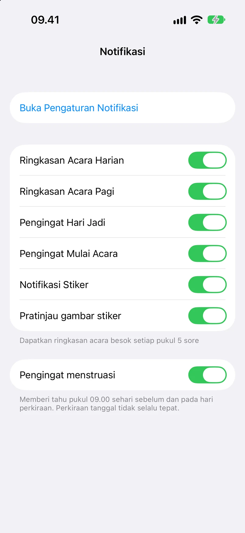 Pengaturan notifikasi: ringkasan jadwal harian, ringkasan pagi, pengingat hari jadi, pemberitahuan mulai agenda, notifikasi stiker, dan pengingat menstruasi