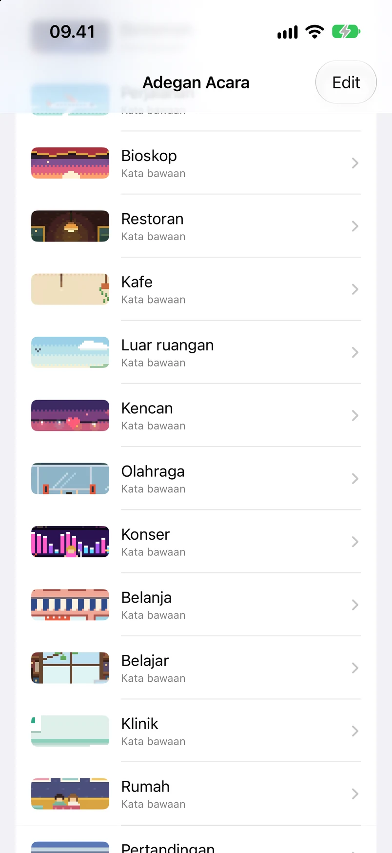 Daftar adegan agenda: perayaan, berkemah, perjalanan, bioskop, restoran, kafe, dan jalan-jalan