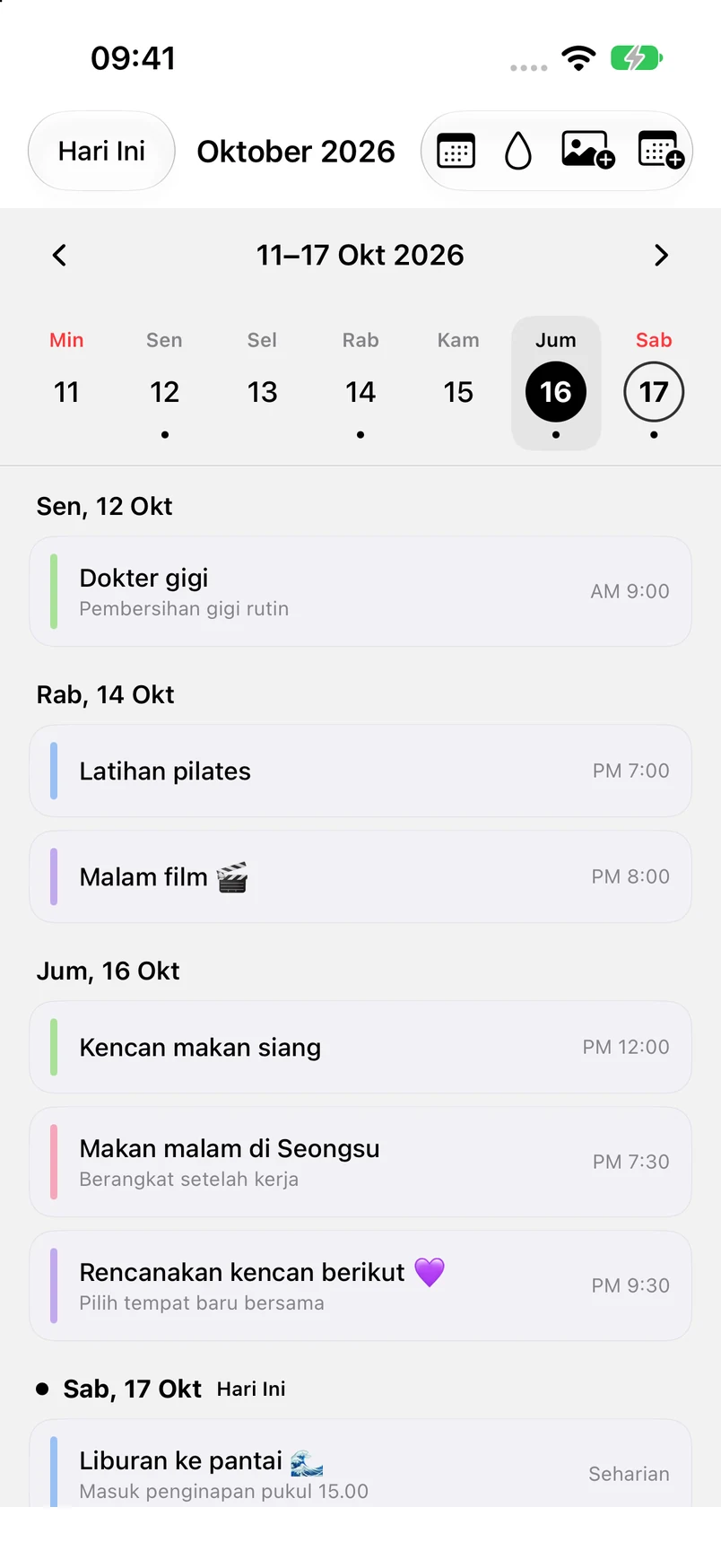 Tampilan mingguan 11–17 Oktober, dengan Jumat tanggal 16 dipilih