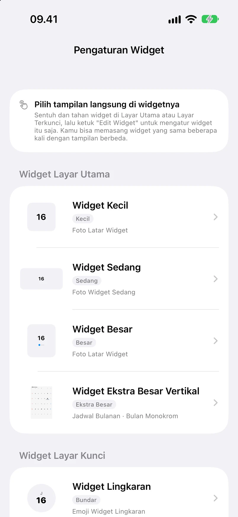 Pengaturan widget: jenis widget layar utama dan layar terkunci