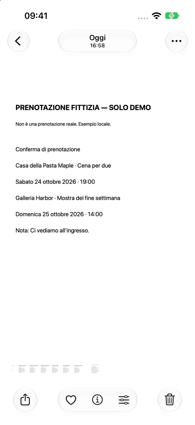 Documento di conferma della prenotazione aperto in Foto, con il pulsante di condivisione visibile