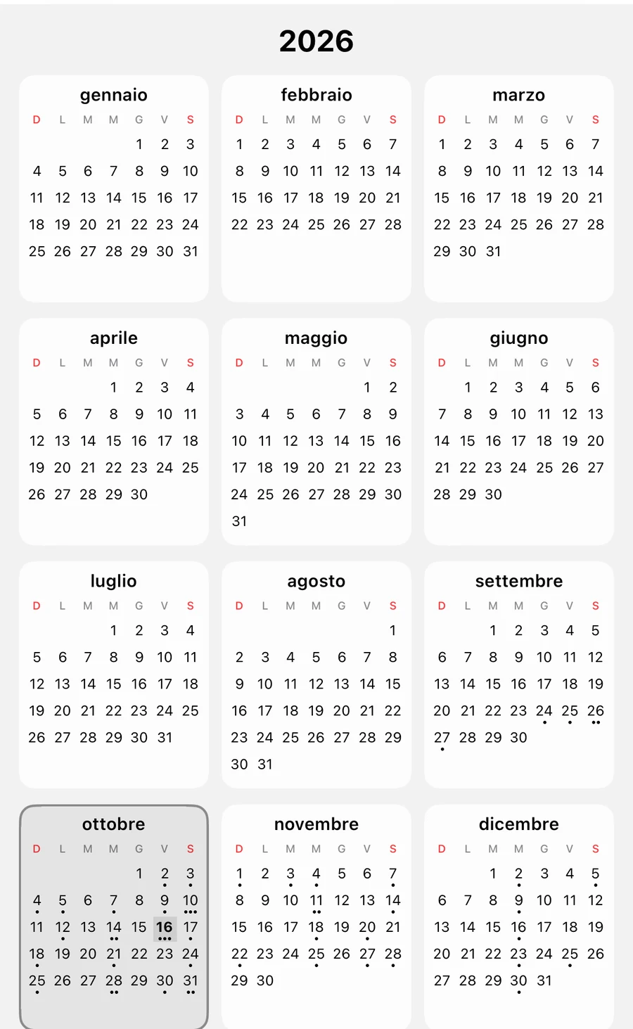 Vista annuale del 2026 con ottobre evidenziato