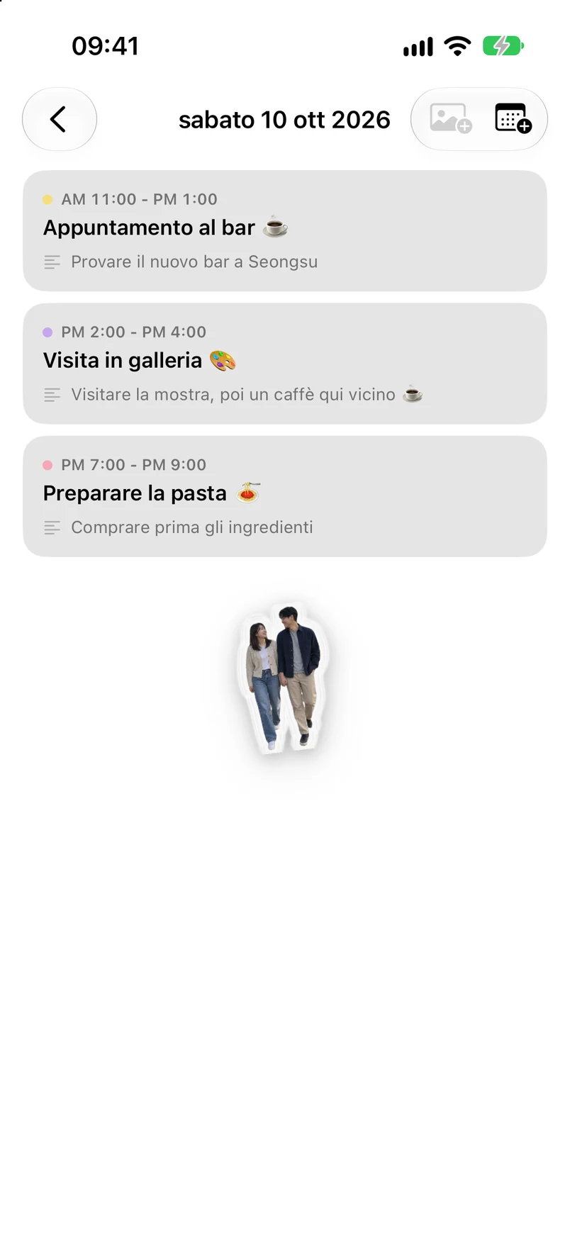 Dettagli del 10 ottobre: giro tra i caffè, appuntamento a una mostra, preparazione della pasta e adesivo con la foto della coppia