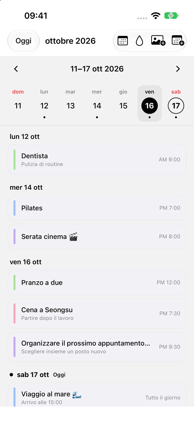 Vista settimanale dall’11 al 17 ottobre con venerdì 16 selezionato