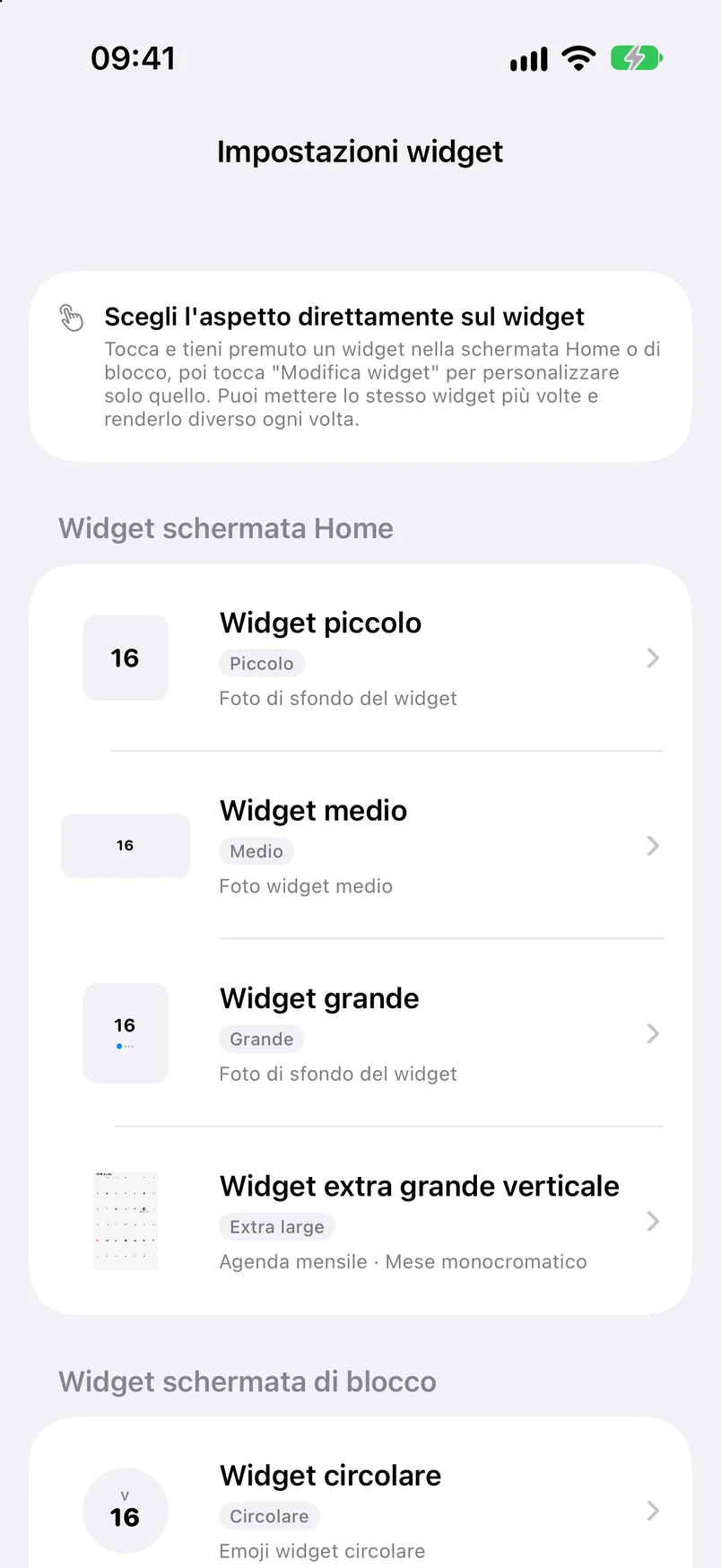 Impostazioni dei widget: tipi per la Home e la schermata di blocco