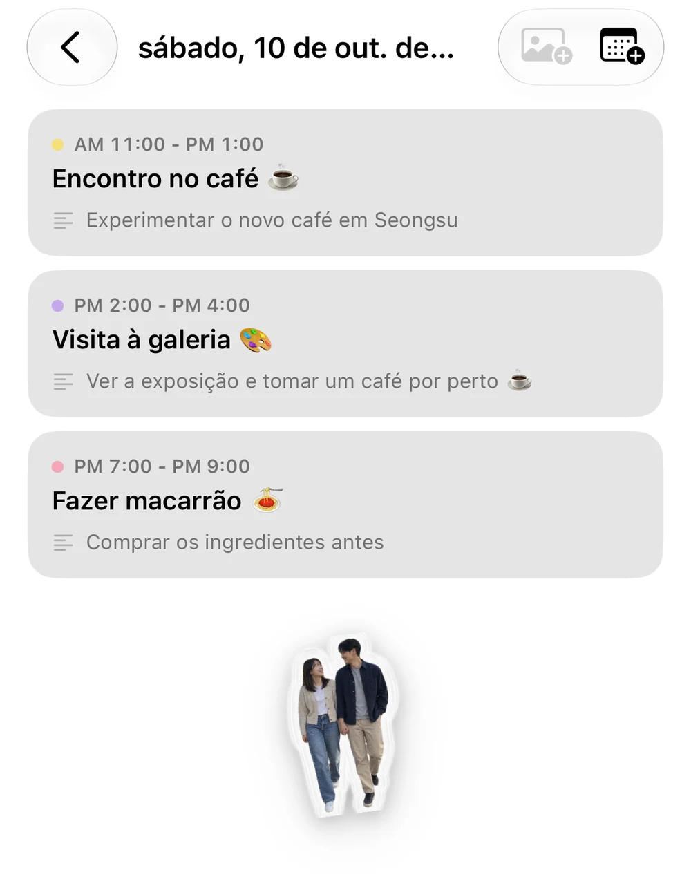 Detalhes de 10 de outubro: eventos e notas de um passeio por cafés, encontro em uma exposição e preparo de massa; abaixo, uma figurinha do casal