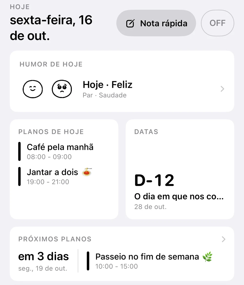 Tela Início: sexta-feira, 16 de outubro, café pela manhã e encontro à noite, aniversário D-12 do dia em que se conheceram e passeio de fim de semana daqui a 3 dias