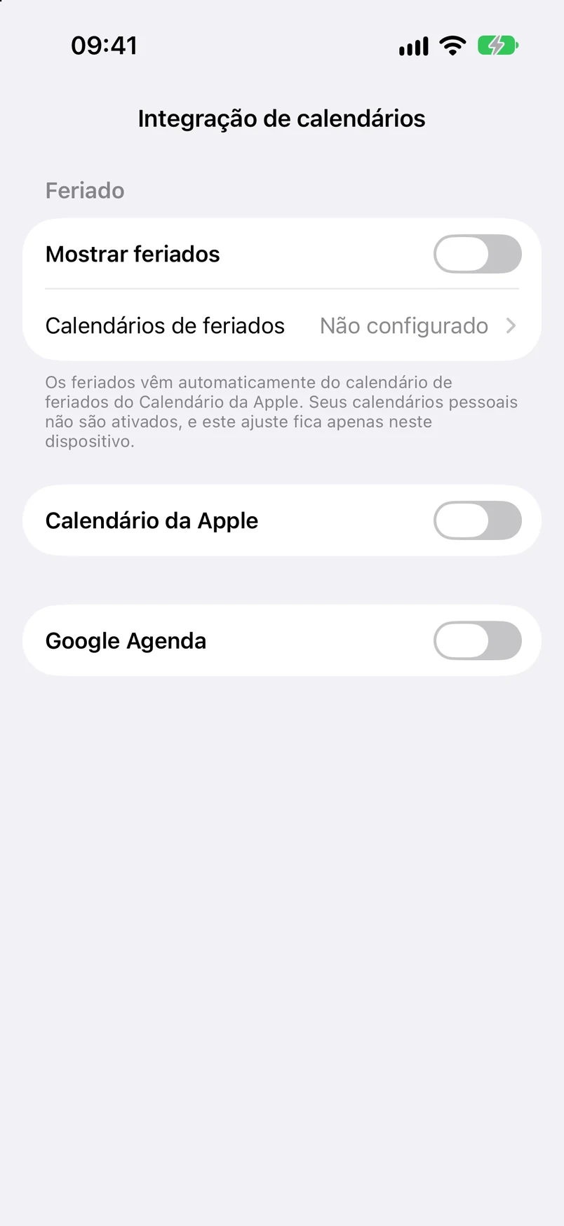 Integração de calendários: mostrar feriados, Calendário da Apple e Google Agenda