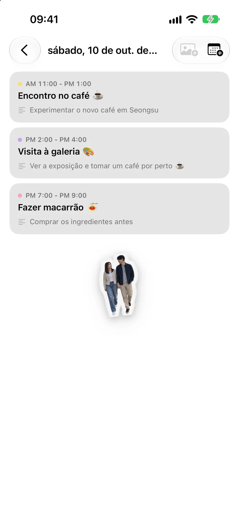 Detalhes de 10 de outubro: passeio por cafés, encontro em uma exposição, preparo de massa e figurinha do casal