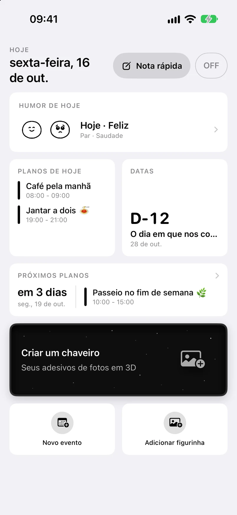 Início: eventos de hoje, aniversário D-12 e próximos eventos