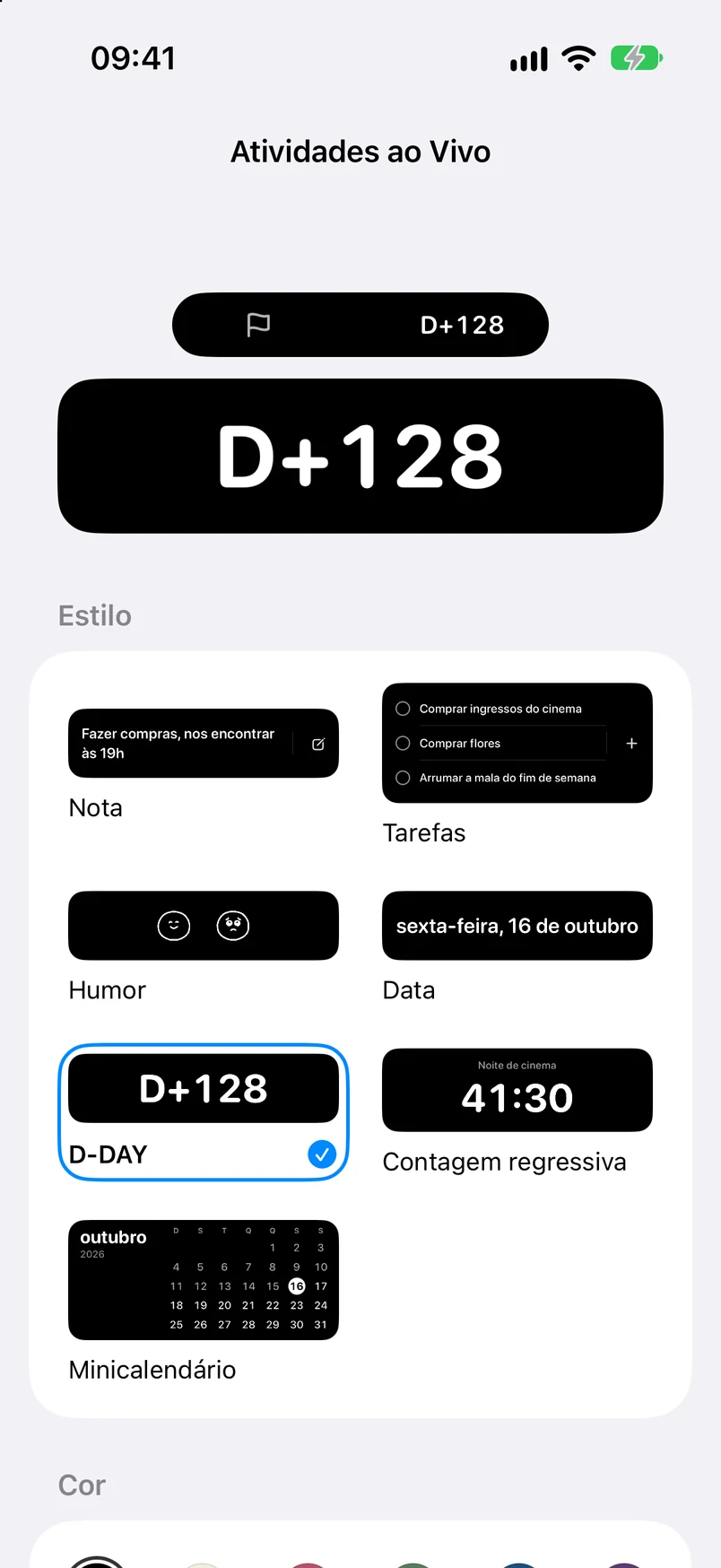 Ajustes de Atividades ao Vivo: seleção de estilo
