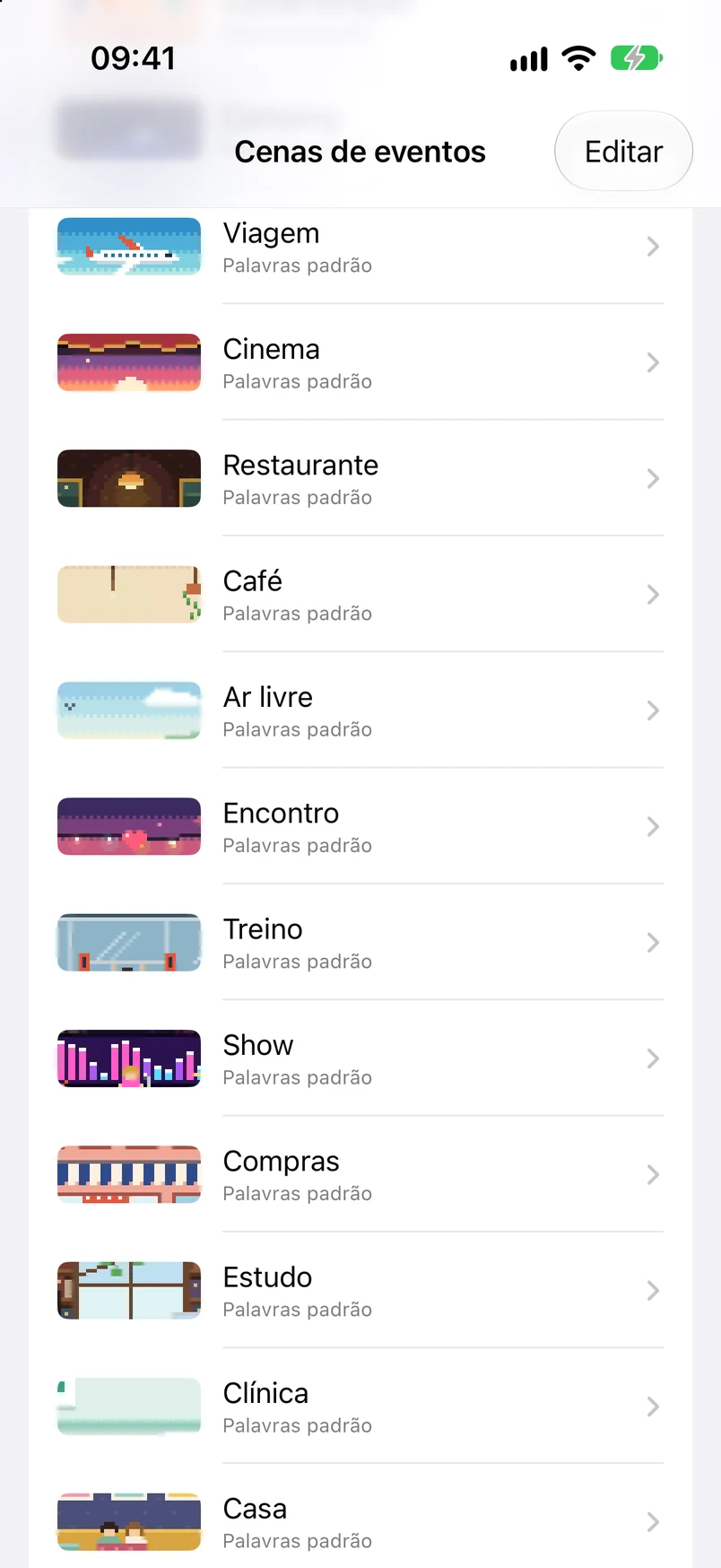 Lista de cenários de eventos: comemoração, acampamento, viagem, cinema, restaurante, café e caminhada