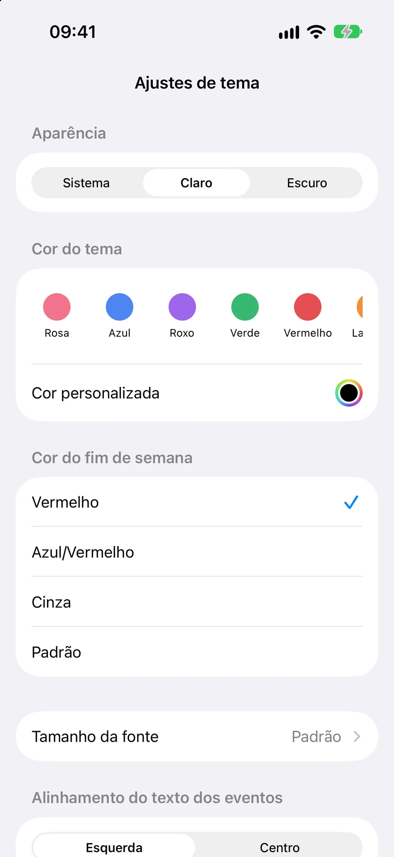 Ajustes de tema: sistema, claro e escuro; cor do tema, cores personalizadas e cores do fim de semana
