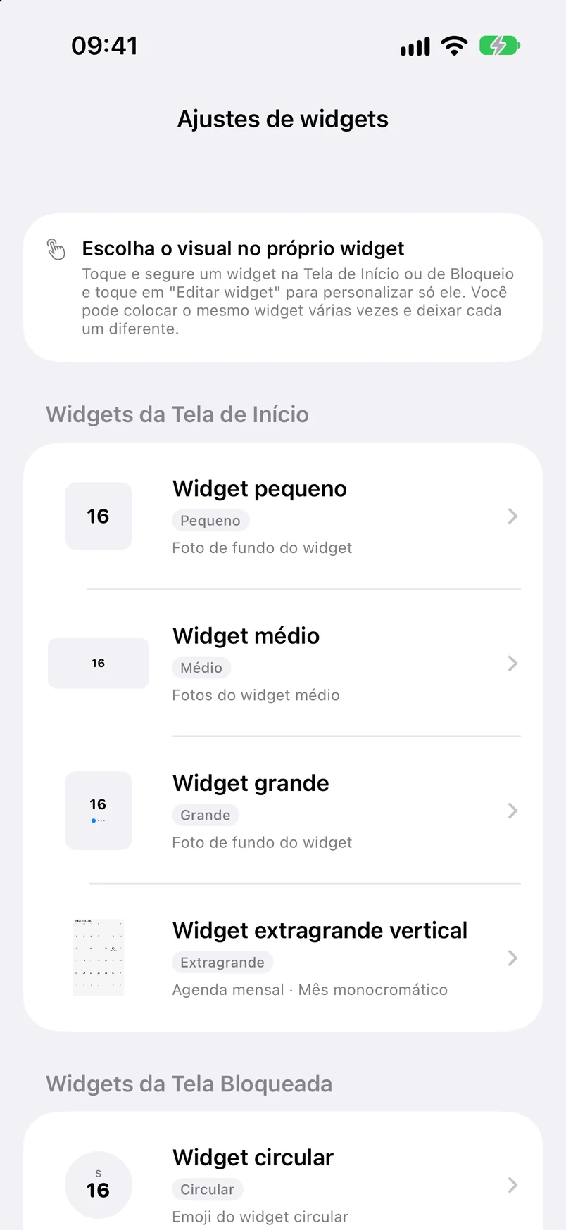 Ajustes de widgets: tipos para a tela de início e a tela bloqueada