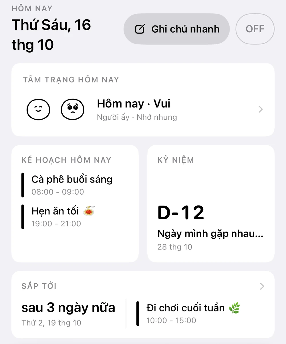 Trang chủ: thứ Sáu, ngày 16 tháng 10; lịch hôm nay có cà phê sáng và hẹn hò buổi tối; D-12 đến ngày gặp nhau lần đầu; chuyến đi chơi cuối tuần sau 3 ngày